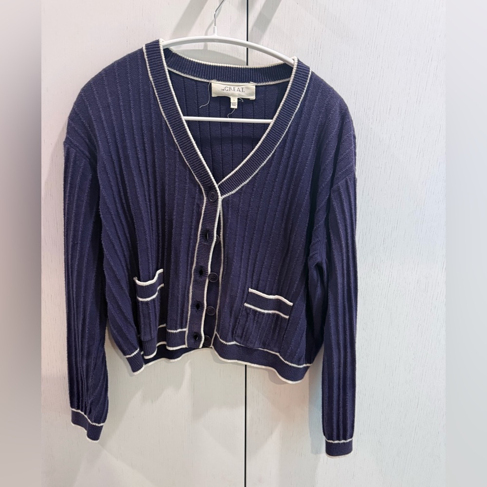 The GREAT Navy Varsity V-Neck Cardigan